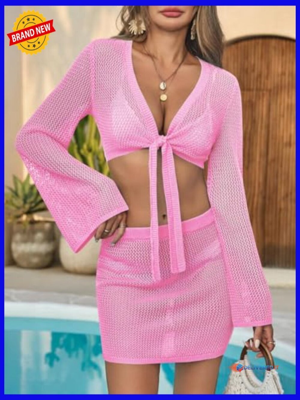 Crochet 2 Piece Swimsuit Cover Up Set Crop Top Mini Skirt - Picture 2 of 7